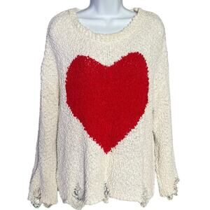 Main Strip scoop neck cream white red heart teddy sweater distressed hem Small